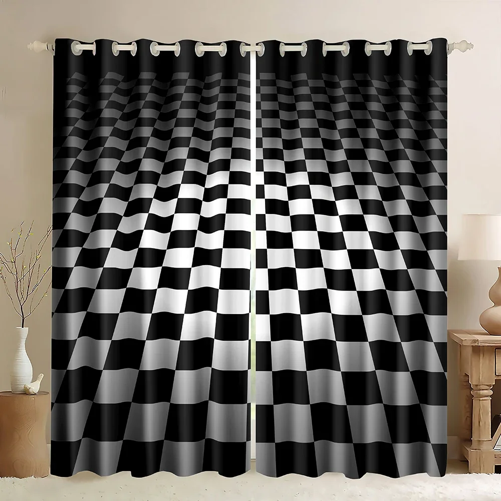 3D Printing Cafe - Black and White Checkerboard Blackout Curtains,Modern
